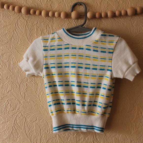 Vintage Baby Short Sleeve Sweater Gender Neutral Blue Yellow 3 Months - Picture 2 of 7